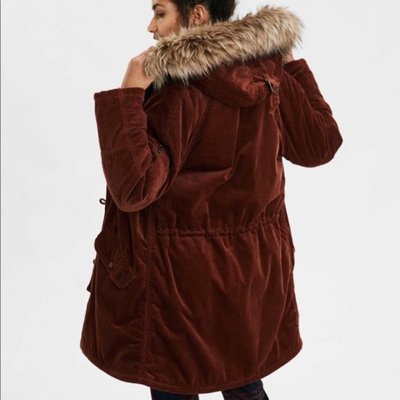 American Eagle Brown Corduroy Zip-Up Hooded Parka size small Ships Same Day! - Picture 1 of 13
